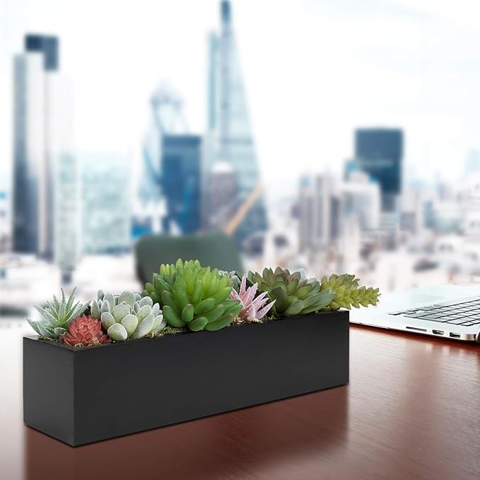 MyGift 12 Inch Modern Artificial Succulent Plants Arrangement Centerpiece in Black Rectangular Wood Planter Box