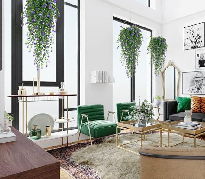 SJL Hanging Greenery 4pcs Realistic Artificial Plants Indoor Artificial Hanging Plants Outdoor Fake Eucalyptus Faux Ivy Plastic Flowers Leaves Decor for Bedroom Porch Wall (Purple)