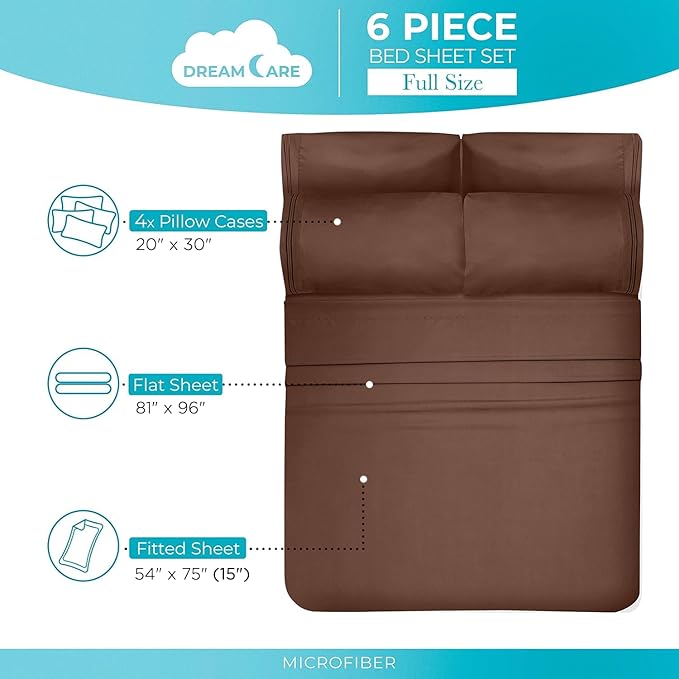 DREAMCARE Full Size Sheets Set - 6 Pcs Deep Pocket Cooling Bed Sheets - Soft, Long Lasting 100% Brushed Microfiber with Side Pocket (Mocha Brown, Full)