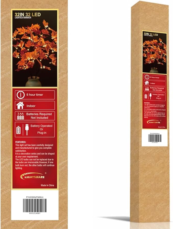 LIGHTSHARE 32IN 32LED Lighted Willow Twig Branch, Maple Leaf, Built-in Timer, USB Plug-in and Battery Powered, Décor for Home, Festival, Party, Christmas, Night Light