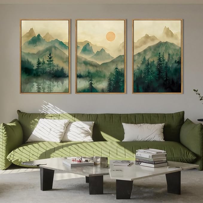 IARTTOP Large Mountain Canvas Wall Art Framed 24x36 Inch Foggy Forest Green Landscape Art Prints Nature Landscape Wall Decor for Living Room Bedroom Office Set of 3