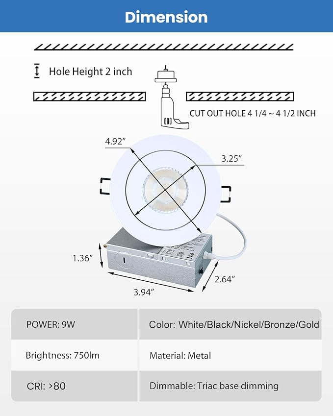 Recessed Lighting 4 inch Gimbal 9W 5CCT Swivel Ceiling Eyeball Spotlight 4inch Dimmable Recessed Lights, Soffit Indoor Directional Lighting, 90° Tilt and 360° Rotation White 2 Pack
