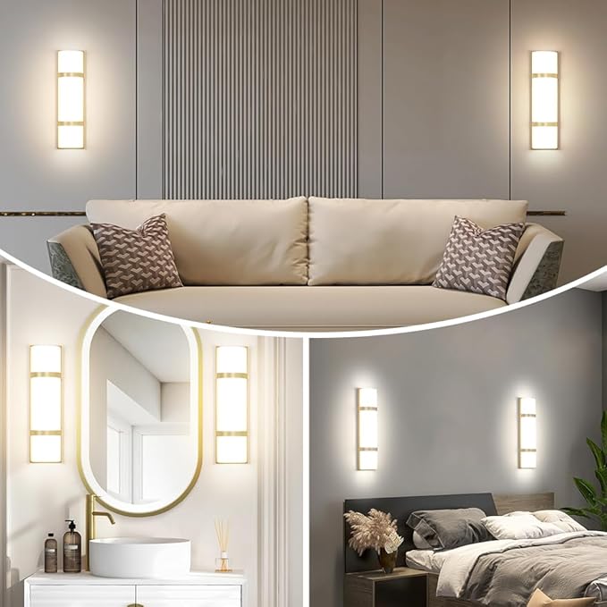 LED Bathroom 16 Inch Vanity Lighting Fixtures | CRI 90 4000K Matte Gold Wall Sconces Set of Two with White Frosted Glass Lamp Shade | 120V 15W 1200LM Dimmable with Dimmer Switch(not Included)