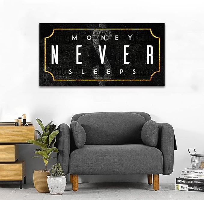 Inspirational Office Canvas Wall Art with Positive Quotes Money Never Sleeps Artwork Black Background Nordic Western Paintings HD Print for Study Room Gym Wall Decor Framed Ready to Hang-40 Wx20 H