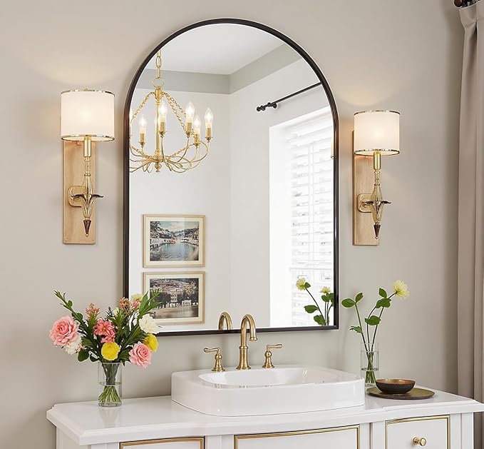 Wall Mounted Mirror, 24"x36" Arched Wall Bathroom Mirror, Black Vanity Wall Mirror with Metal Frame, Modern & Contemporary Arch Top Wall Mirror for Bedroom, Entryway, Living Room, Black