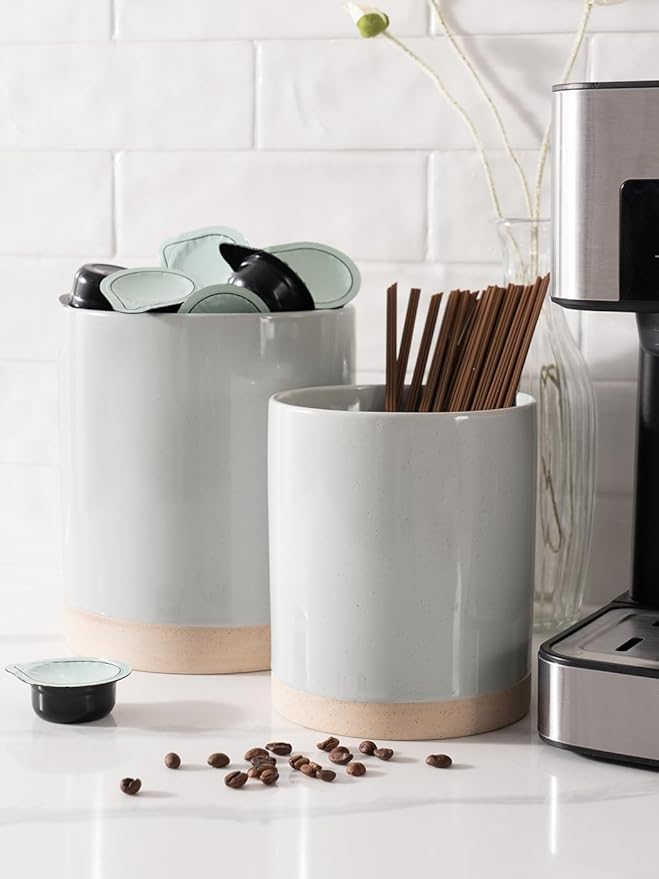 famiware Milkyway Kitchen Utensil Holder for Countertop, 7.2"+5.8" Ceramic Cooking Utensil Crocks for Counter, Utensil Organizer for Spatula & Spoon, Kitchen Decor, Set of 2, Light Gray