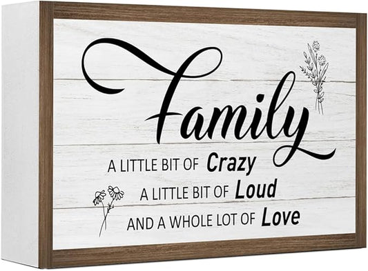 Family a Little Bit of Crazy Wooden Box Sign Decor,Rustic Family Saying Wooden Block Plaque Sign for Home Farmhouse Living Room Bedroom Shelf Desk Table Wall Decor