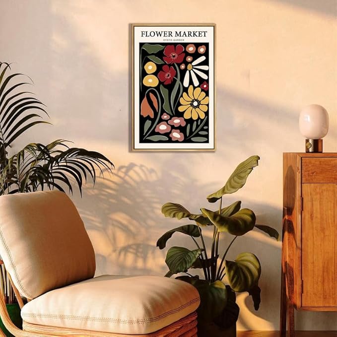 Gufro Framed Flower Market Wall Art,Floral Pictures Wall Decor,Abstract Colorful Botanical Painting for Living Room, Bedroom, Office-24x32in