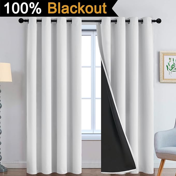 Yakamok 100% Blackout Curtains 96 Inches Long, 2 Thick Layers Heat and Full Light Blocking Soft Thermal Insulated Drapes for Bedroom(52" Wide Each Panel, Greyish White, 2 Panels)