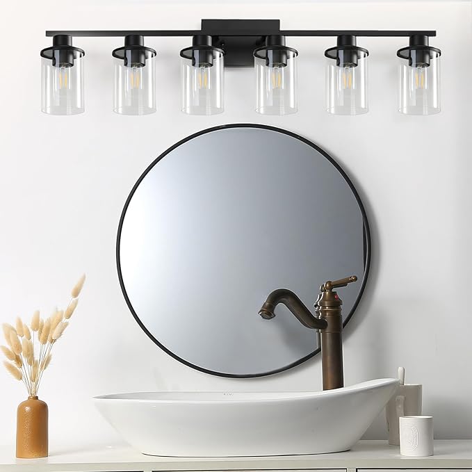 LOUSACE 6 Light Bathroom Vanity Light, Matte Black Bathroom Light Fixtures, Modern Bathroom Lights Over Mirror with Clear Glass Shade, Wall Sconce Lighting for Bedroom Living Room