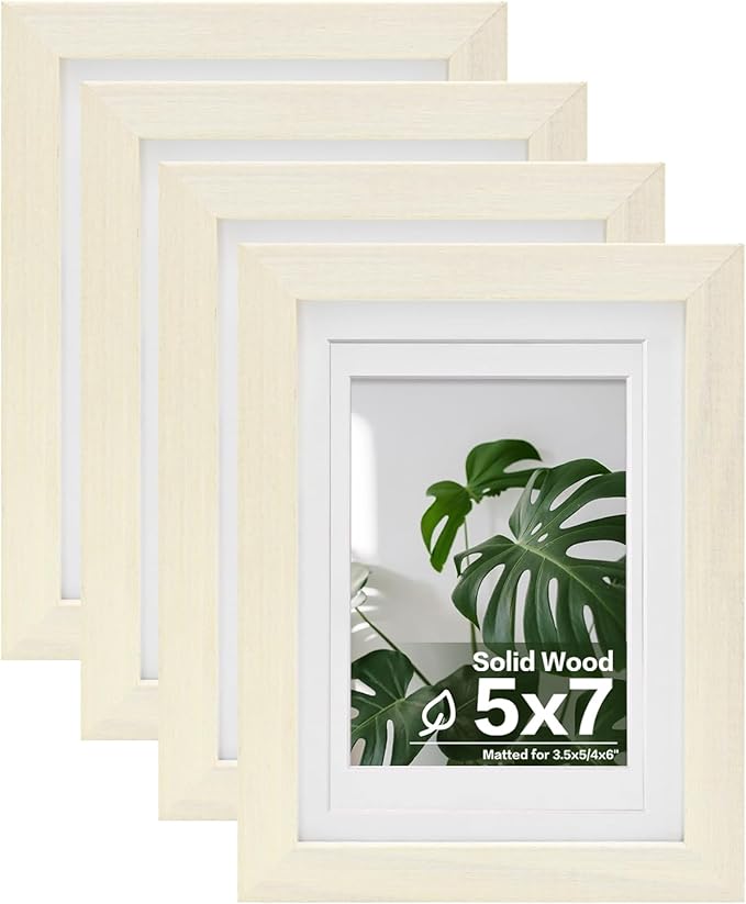 Egofine 5x7 Picture Frames Set of 4, Made of Solid Wood Covered by Plexiglass 3.5x5 and 4x6 with Mat or 5x7 without Mat, for Table Top Display and Wall Mounting Photo Frame Beige