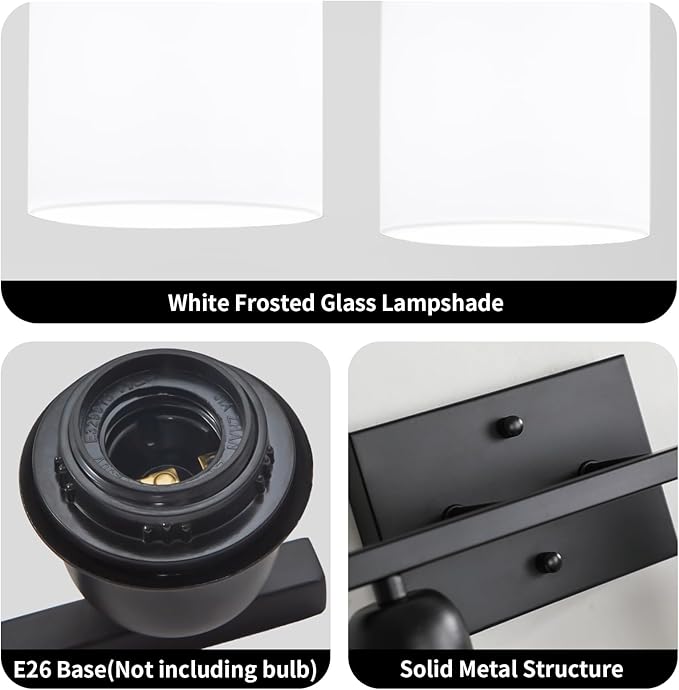 2 Light Black Bathroom Light Fixture, Modern Bathroom Lights with Milky White Frosted Glass Shades for Mirror Living Room Bedroom Hallway E26 Base