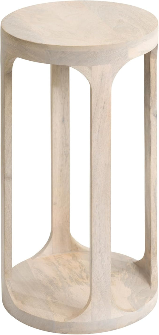 Kate and Laurel Dahl Wooden Round Drink Table; 12 x 23; Whitewash; Transitional Boho Circle Wood Accent Pedestal Table for Living Room Plant Stand or Small Bedroom Nightstand