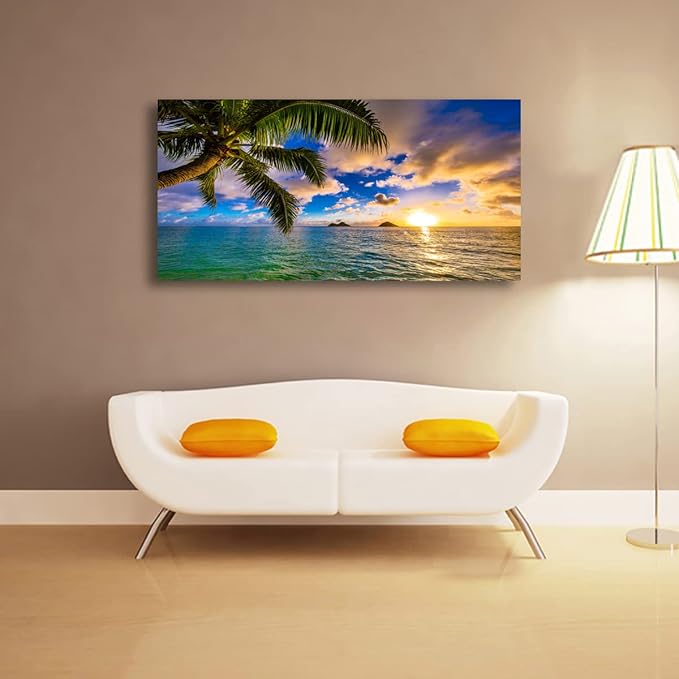 Seascape Sunset Pictures Canvas Wall Art For Living Room Bedroom Wall Decor,Palm Wall Art Print Paitnings For Home Decor,Morden Artwork Coconut Tree Canvas Art Waterproof Ready To Hang-28x57 Inches