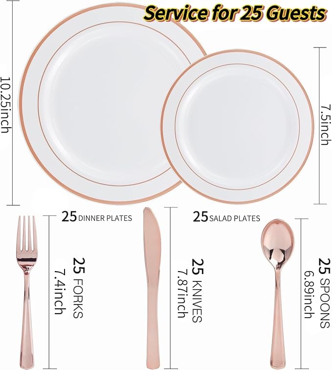 WDF-125PCS Rose Gold Plastic Silverware&Disposable Plastic Plates - Disposable Plates include 25 Dinner Plate,25 Salad Plate,25 Forks, 25 Knives, 25 Spoons for Wedding, Party