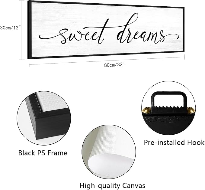 Sweet Dreams Wall Decor Above Bed: 32''×12'' Large Framed Bedroom Canvas Wall Art,Farmhouse Sweet Dreams Sign For Master Bedroom Guest Room Black Hanging Decorative Wall Sign