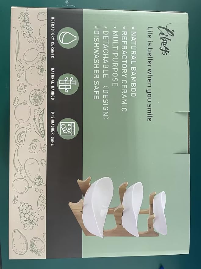 SEVEN SPARTA Fruit Bowl for Kitchen Counter - 3 Tier Ceramic Serving Bowls with Bamboo Stand, Tiered Fruit Basket for Fruit Vegetable Storage, Cake, Dessert, Nuts, Snack, Salad (Dishwasher safe)