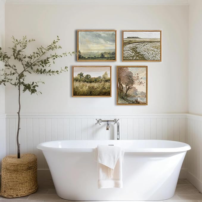 KBKBART Framed Canvas Wall Art Vintage Southwest Decor, Retro Neutral Landscape Riverside Botanical Art Prints Painting, Rustic Farmhouse Wall Decor Ready To Hang for Bedroom, Bathroom, Living Room,