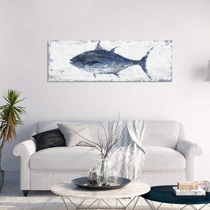 Yihui Arts Canvas Wall Art Hand Painted Abstract Tuna Fish Painting Modern Artwork Coastal Pictures in Blue and White Color for Bedroom Decoration