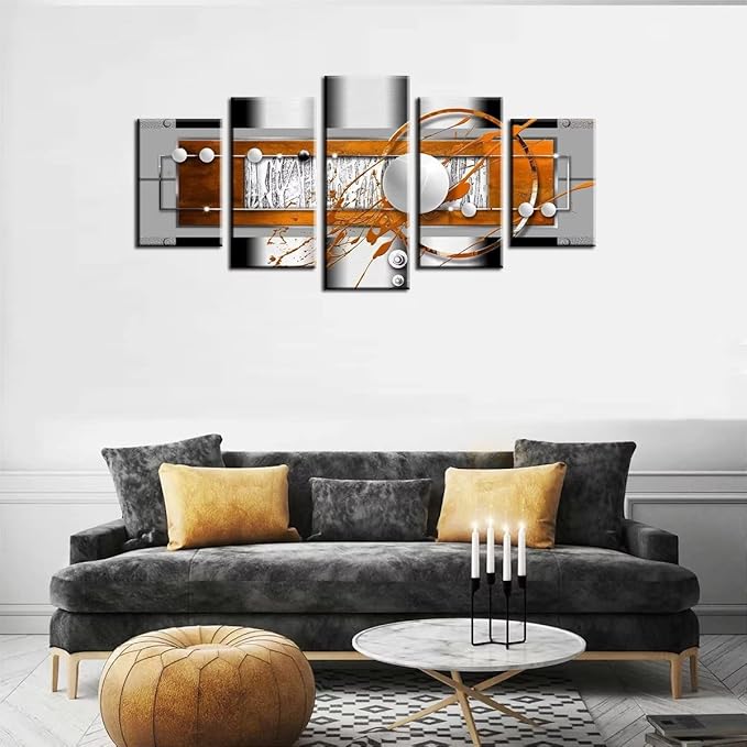 AWLXPHY Decor Abstract Wall Art Canvas Yellow and White 5 Panels for Living Room Decor Modern Framed Geometric Painting Simple Round Circle Line HD Print Artworks Giclee(W40'' x H20'')