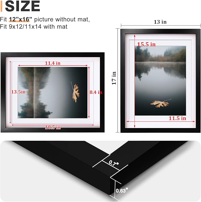 Egofine 12x16 Picture Frames Set of 4, Made of Solid Wood Covered by Plexiglass 9x12 and 11x14 with Mat or 12x16 without Mat, for Wall Mounting Photo Frame Black