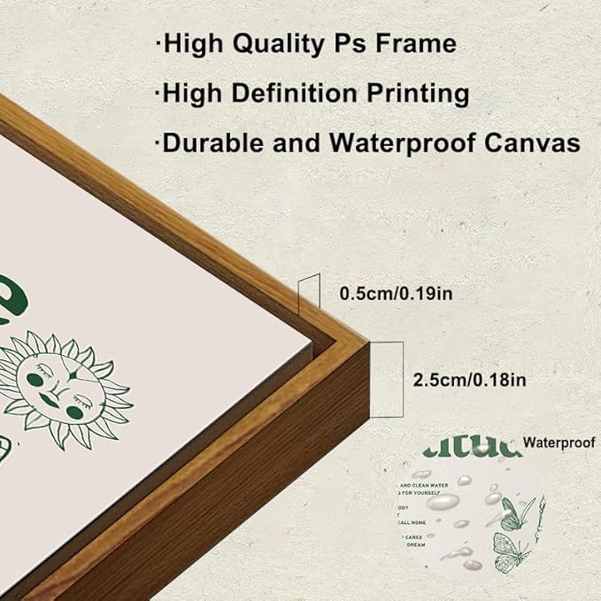 Framed Retro Poster for Room Aesthetic, Vintage Green Inspirational Quotes Canvas Wall Art, Daily Gratitude Posters for Room Aesthetic, Cute Sunflower Butterfly Retro Wall Decor for Bedroom,