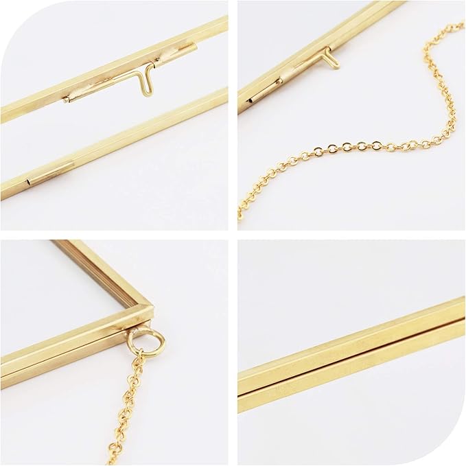 TLBTEK 8x8 inch Brass Hanging Photo Frame,Double Glass Frame for Pressed Flowers,Clear DIY Vintage Artwork Display Frame Wall Mounted Photos Frame