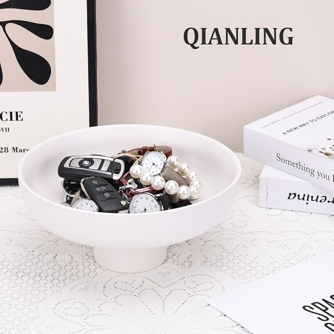 QIANLING Modern Large Decorative Bowl - White Fluted Pedestal Bowl, Multi-Functional Fruit Bowl, Key Bowl, Candy Dish, Ideal for Entryway Table, Kitchen Counter, Living Room, Coffee Table Decor