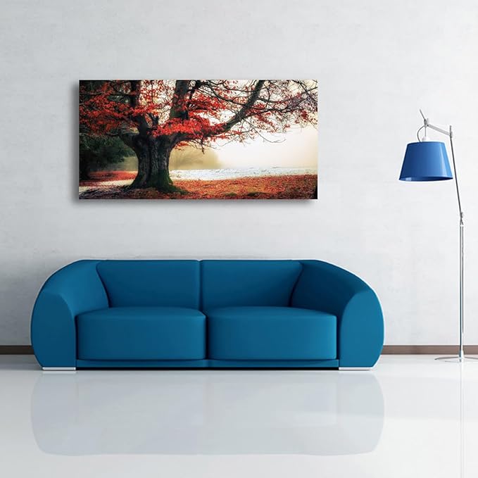 Stunning Nature Landscape Wall Art - 24x48 inches Canvas Artwork of Sunrise Forest Scenery with Red Leaves. Perfect Wall Decoration for Living Room, Bedroom and More