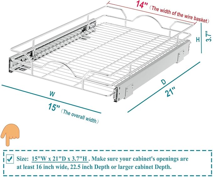 OCG Pull Out Cabinet Organizer 2 Pack (15" W x 21" D), Pull out Shelves 1 Tier, Cabinet Slide Out Shelves for Base Cabinet Organization in Kitchen Bathroom Pantry, Bottom Mount, Chrome Finish