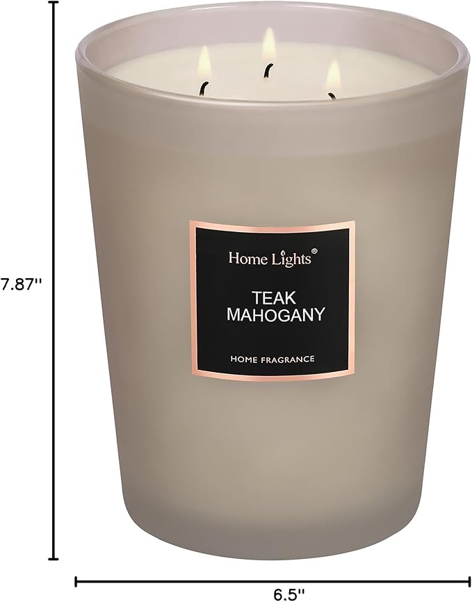 HomeLights Premium Scented Candles - 33.3 oz Natural Soy Wax, Aromatherapy for Home, Long Lasting Smokeless, 130 hrs Burn Time, 3 Cotton Wicks, Gifts for Women & Men - Teak Mahogany