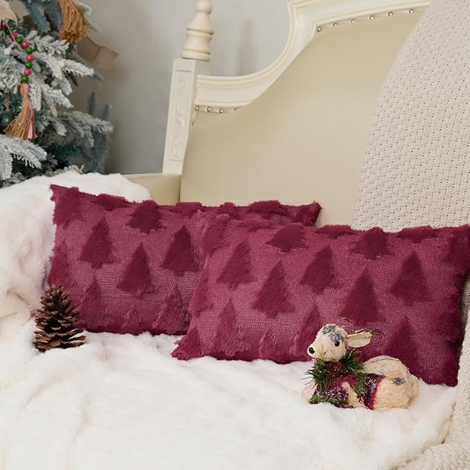 GEEORY Christmas Tree Throw Pillow Covers 12x20 Inch Set of 2, Xmas Winter Soft Plush Faux Fur Wool Decorative Farmhouse Holiday Cushion Case for Home Decoration (Wine Red) GC009-12