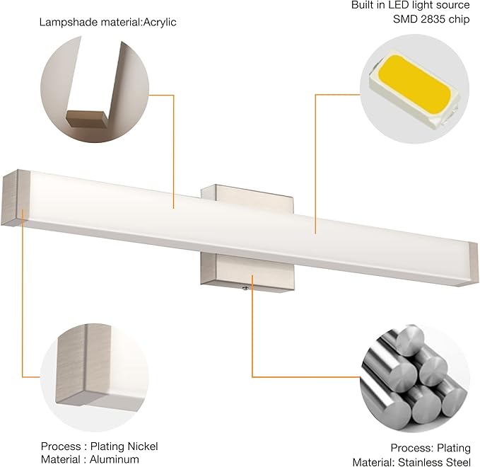 Bathroom Vanity Light Brushed Nickel Square LED 24 inch 14W 4000K Natural White Light Wall Bar Lighting Fixtures Over Mirror (Brushed Nickel, 33.5in Dimmable)