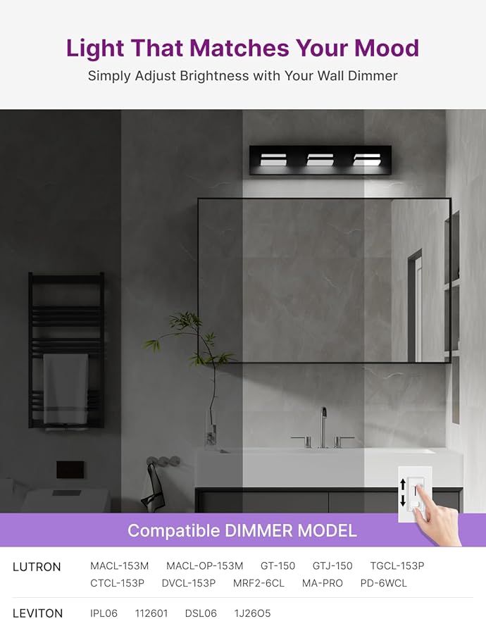 Modern Bathroom Light Fixture Over Mirror, 22" 3-Light Bathroom Vanity Light with Rotatable Heads, Dimmable 5000K Daylight, Hardwired, Energy-Efficient LED Vanity Lighting Fixture, Black