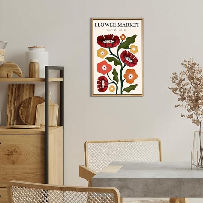 Gufro Boho Flower Market Framed Canvas Wall Art,Red Aesthetic Abstract Canvas Floral Wall Art for Bathroom，Living Room-24x32in