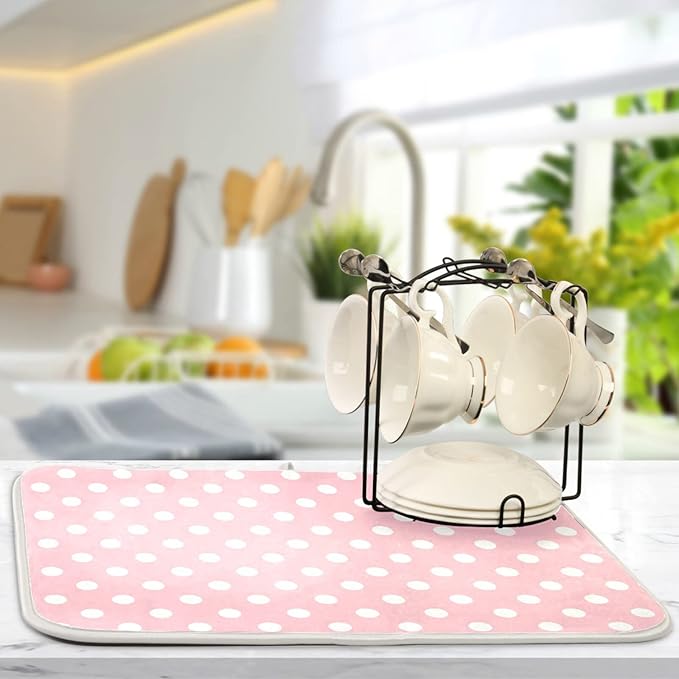 Pink White Polka Dot Dish Drying Mat for Kitchen Counter 16 x 18 Inch Absorbent Microfiber Valentines Dry Dishes Rack Mats Drainer Mat Dish Drying Pad for Countertops Decor