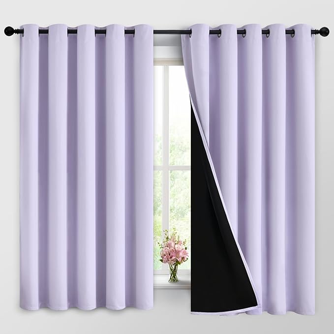 Yakamok 2 Thick Layers 100% Completely Blackout Window Curtains,Thermal Insulated Noise Reducing Drapes for Girl's Bedroom(62Wx63L, Lilac, 2 Panels)