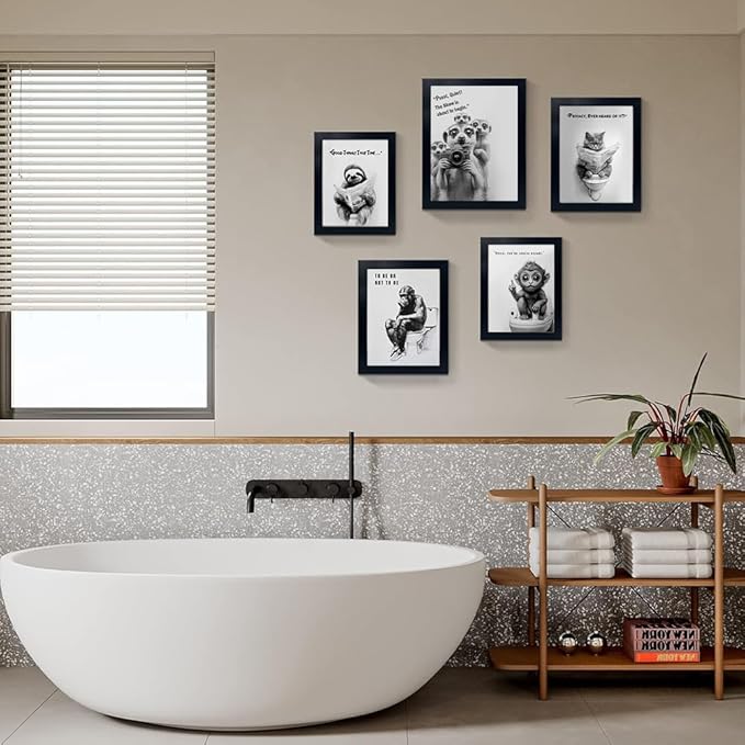 Minimalist Bathroom Wall Decor, Chimp Wall Art on Toilet, Chin Rests, Fun Bathroom Animal Art, Black and White Canvas Prints Can Be Hung Directly -Frame,11 "x 14"