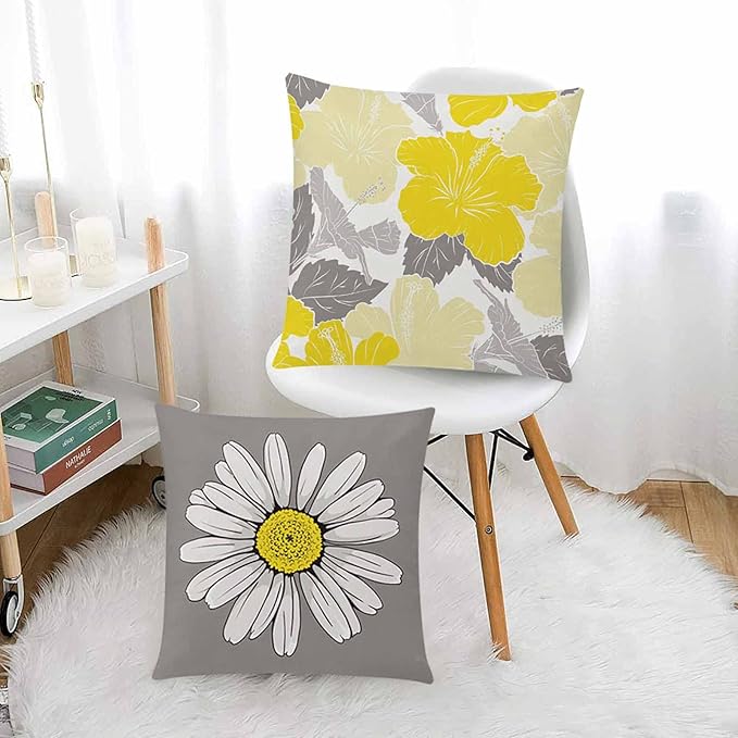 COMMINY Yellow Grey Pillow Covers 20x20 Set of 6, Daisy Flower Throw Pillow Cover Case Rustic Square Cushion Cover for Sofa Bedroom Living Room Farmhouse Home Decor