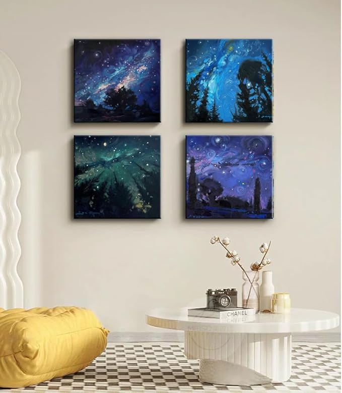 Blue Starry Night Canvas Wall Art Forest Tree Paintings Decor Abstract Nature Landscape Artwork Poster Prints Colorful Space Northern Lights Pictures Decoration for Bedroom Living Room Bathroom Office