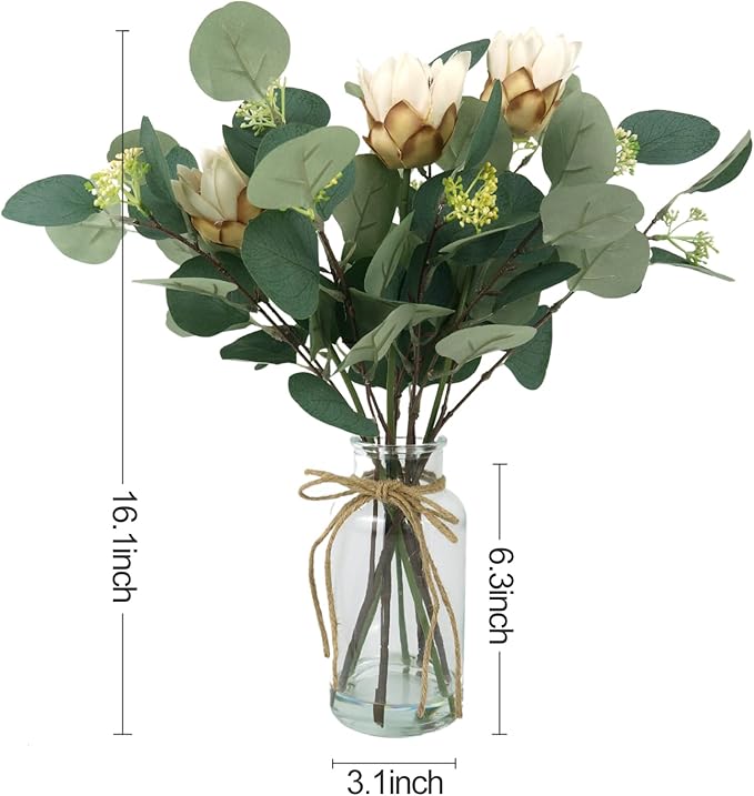 Artificial Eucalyptus Leaves in Glass Vase, 16.1" Eucalyptus Leaves Green Branches 7 Branches Faux Greenery Stems for Home Office Farmhouse Wedding Centerpiece Décor (White)