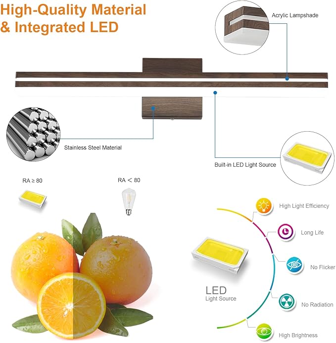 SineRise 24-Inch LED Modern Bathroom Vanity Light Bar, Brown Modern Acrylic Bathroom Wall Lighting Fixtures Over Mirror (Cool White 6000K)