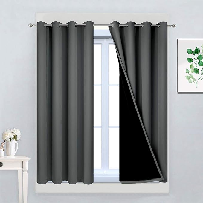 Yakamok Dark Gray 100% Blackout Curtains, Energy Saving Thermal Insulated 2 Thick Layers Total Blackout Drapes with Black Liner for Bedroom (52Wx45L,Dark Grey, 2 Panels)