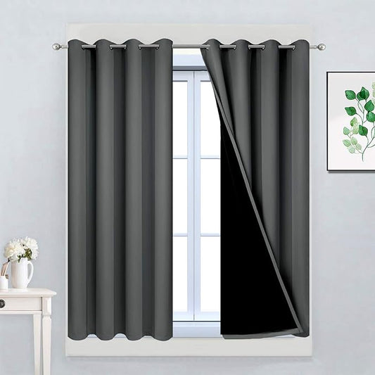 Yakamok Dark Gray 100% Blackout Curtains, Energy Saving Thermal Insulated 2 Thick Layers Total Blackout Drapes with Black Liner for Bedroom (52Wx45L,Dark Grey, 2 Panels)