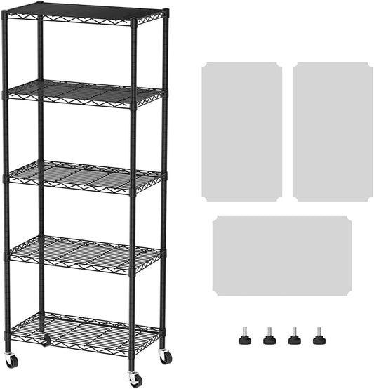 SINGAYE 5 Shelves Storage Shelf Wire Closet Bathroom Organizers Metal Pantry Kitchen Garage Shelving Unit Laundry Room Organization Home Rack Net Basket Black with Wheels