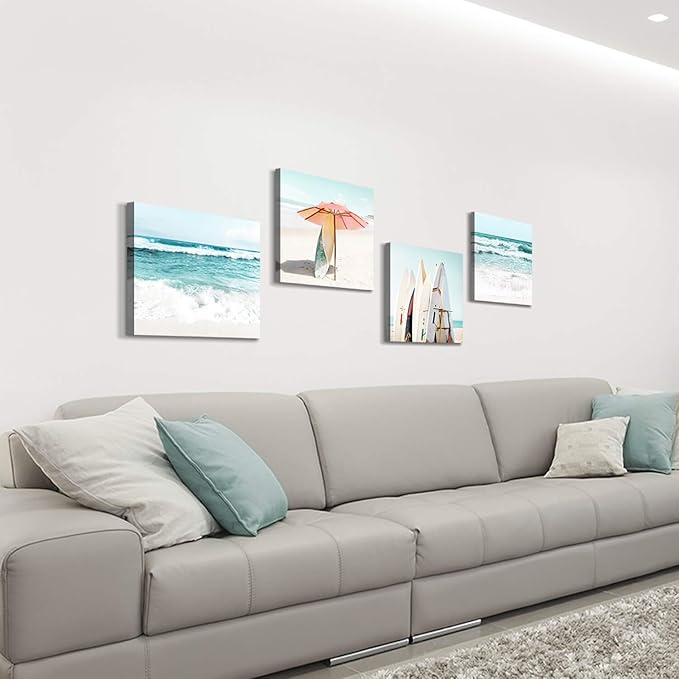 Beach Canvas Wall Art Painting: Summer Surfboard and Umbrella on Beach Picture Print for Living Room (16'' x 16'' x 4 Panels)