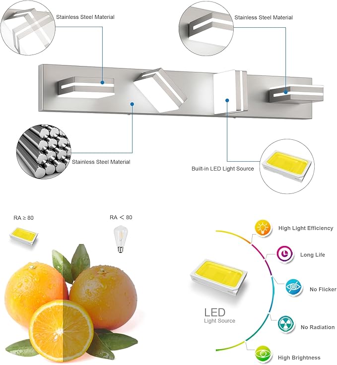 SineRise LED Modern Bathroom Vanity Light Fixtures (4-Light, 30-Inch), Brushed Nickel Modern Acrylic Bathroom Wall Lighting Fixtures Over Mirror (Cool White 6000K)