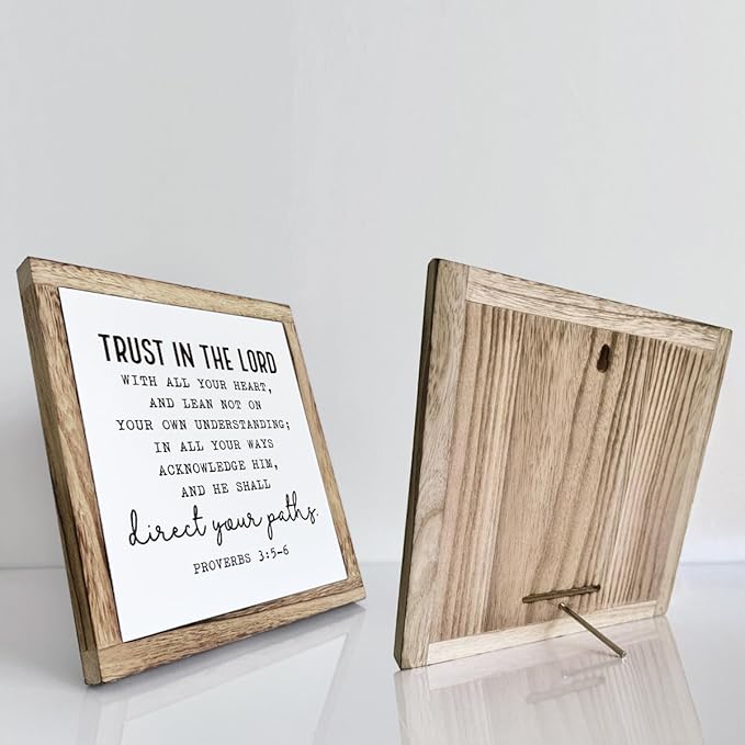 Christian Wooden Plaques Box Signs 9.8 * 9.8, Scripture Desk Decor, Farmhouse Living Room Decor, Proverbs 3:5-6 Trust In the Lord Sign