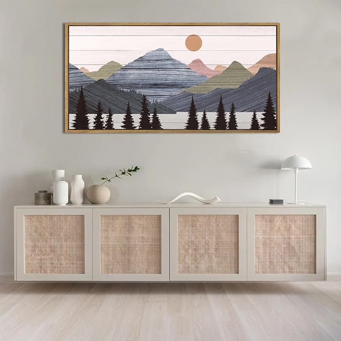 Framed Mountain Wall Art Pine Tree Forest Wall Decor Modern Mountain Range Painting 20x40 Inch for Living Room Bedroom Dining Room