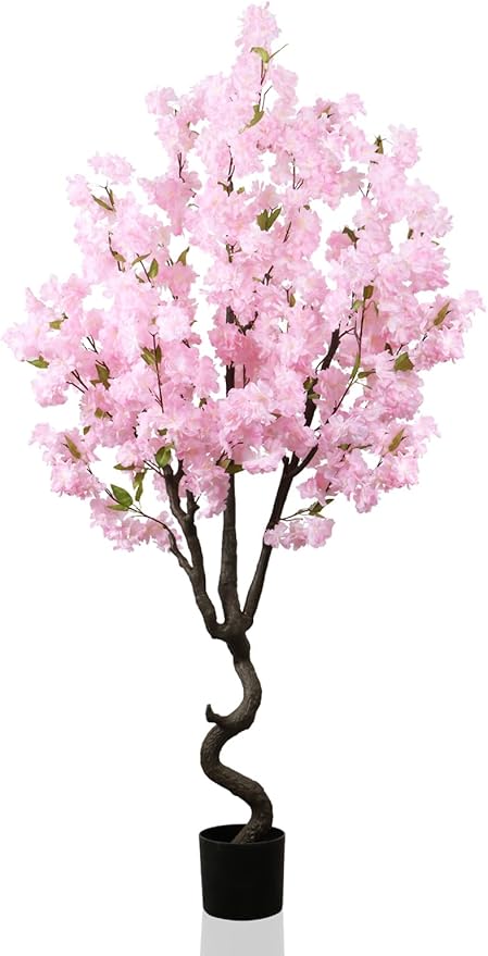 Faux Pink Cherry Blossom 5.5ft(67in) Tall Artificial Plant Indoor Decor Natural Realistic Fake Cherry Blossom Tree for Wedding Party Sakura Plant in Pot for Home Living Room,Office,Outdoor Decor
